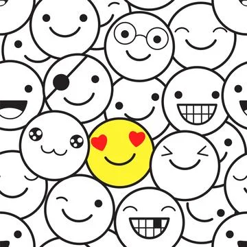 Vector seamless pattern with many monochrome and one yellow emoticon. Emoji.. Illustrazione stock