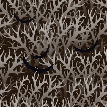Vector seamless pattern of many trees and bats in dark colors 库存插图