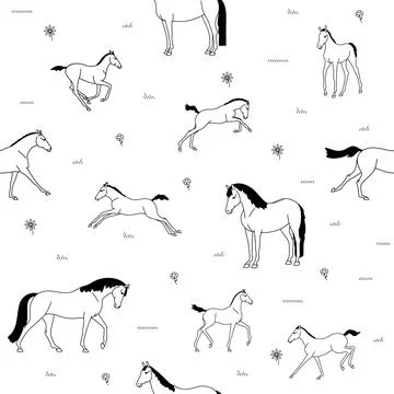 Vector seamless pattern, mares with foals in a meadow Stock Illustration
