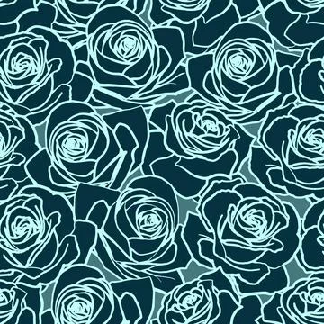 Vector seamless pattern. Marine blue outline rose flowers on dark background Stock Illustration