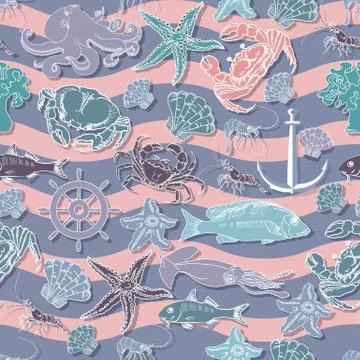 Vector seamless pattern on the marine-themed. Sea creatures. Illustrazione stock