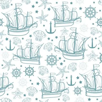 Vector seamless pattern on the marine-themed. Sailboats. Illustrazione stock