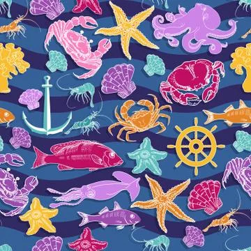 Vector seamless pattern on the marine-themed. Sea creatures. Stock Illustration