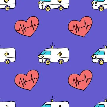 Vector seamless pattern on a medical theme in Doodle style, ambulance and hea Stock Illustration
