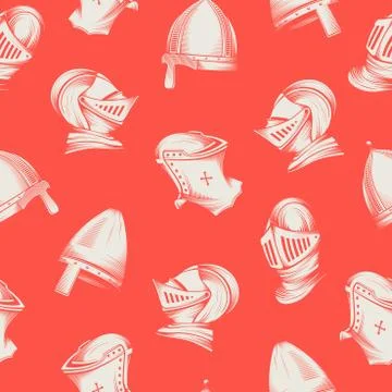 Vector seamless pattern with medieval helmets, sketch style engraving Stock Illustration