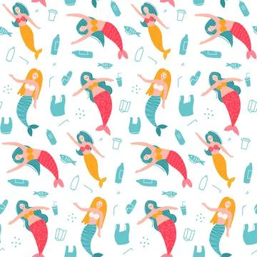 Vector Seamless pattern with mermaid characters in water with plastic objects Stock Illustration
