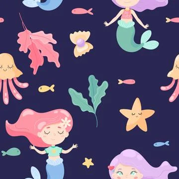 Vector seamless pattern with mermaids, jellyfishes, seaweed, fishes, starfish Stock Illustration