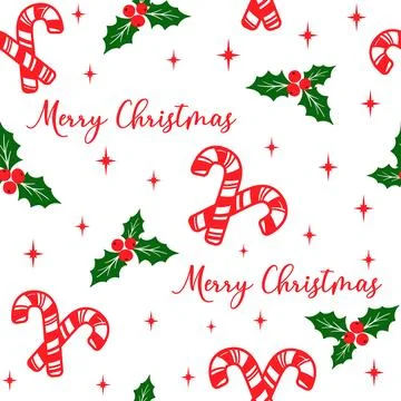 Vector seamless pattern Merry Christmas with candy canes, holly berries. Illustrazione stock