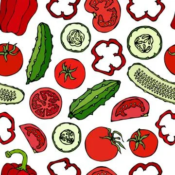 Vector Seamless Pattern with Mini Cucumbers, Red Tomatoes, Bell Pepper and To Illustrazione stock