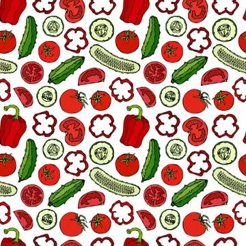 Vector Seamless Pattern with Mini Cucumbers, Red Tomatoes, Bell Pepper and To Illustrazione stock