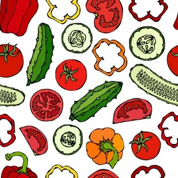 Vector Seamless Pattern with Mini Cucumbers, Red Tomatoes, Bell Pepper and To Illustrazione stock
