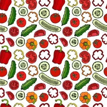 Vector Seamless Pattern with Mini Cucumbers, Red Tomatoes, Bell Pepper and To Illustrazione stock