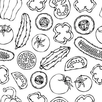 Vector Seamless Pattern with Mini Cucumbers, Red Tomatoes, Bell Pepper and To Illustrazione stock