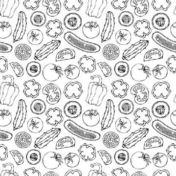 Vector Seamless Pattern with Mini Cucumbers, Red Tomatoes, Bell Pepper and To Illustrazione stock