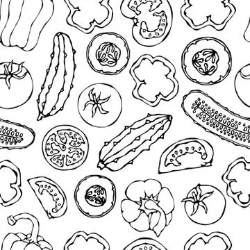 Vector Seamless Pattern with Mini Cucumbers, Red Tomatoes, Bell Pepper and To Illustrazione stock