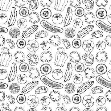 Vector Seamless Pattern with Mini Cucumbers, Red Tomatoes, Bell Pepper and To Illustrazione stock