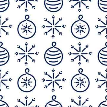 Vector seamless pattern, monochrome design . Simple Christmas balls and snowf Stock Illustration