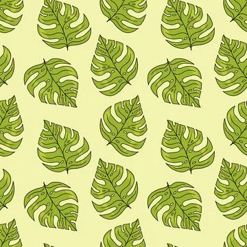 Vector Seamless Pattern with Monstera Leaves in Cartoon Style on yellow . Stock Illustration