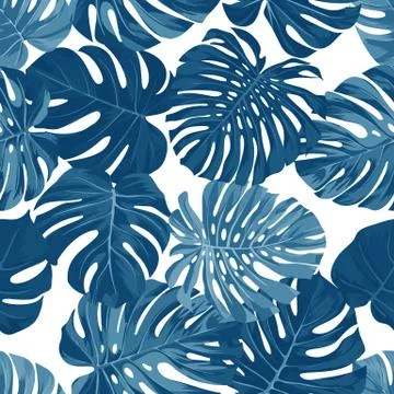 Vector seamless pattern with monstera palm leaves on dark background. Summer Stock Illustration