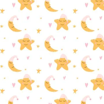 Vector seamless pattern with moon and stars. Stock Illustration