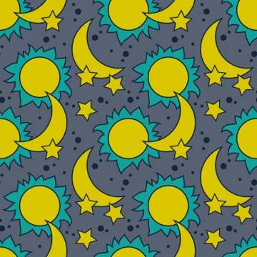 Vector seamless pattern with moon, sun and stars Stock Illustration