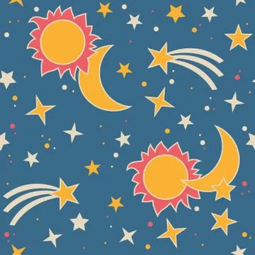 Vector seamless pattern with moon, sun and stars Stock Illustration