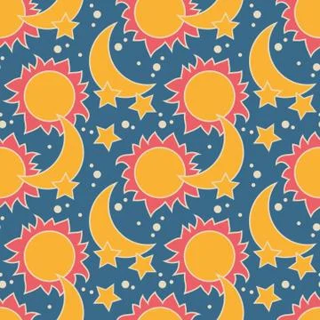 Vector seamless pattern with moon, sun and stars Stock Illustration
