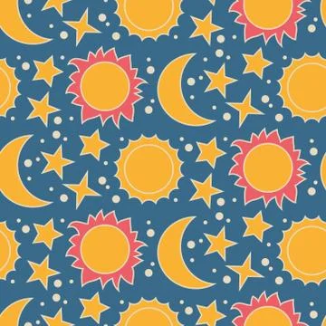 Vector seamless pattern with moon, sun and stars Stock Illustration