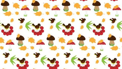 Vector seamless pattern. Mountain ash, birds, leaves, fly agaric, white mushroom Illustrazione stock