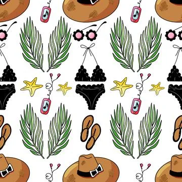 Vector seamless pattern with mp3 player, black swimsuit, black sunglasses, wo Stock Illustration