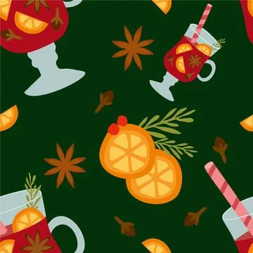 Vector seamless pattern with Mulled wine in flat design. Orange slices, Ani.. Stock Illustration
