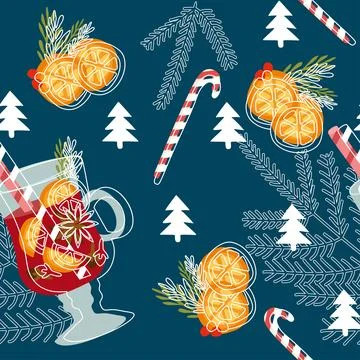Vector seamless pattern with Mulled wine in flat design. Orange slices, Anise Stock Illustration