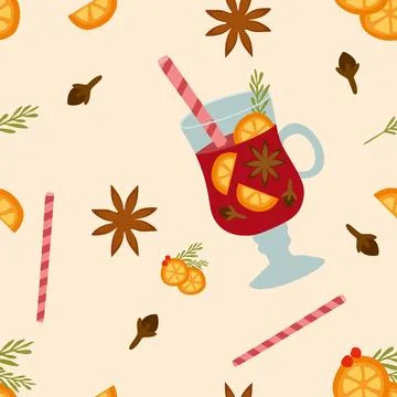 Vector seamless pattern with Mulled wine in flat design. Orange slices, Ani.. Stock Illustration