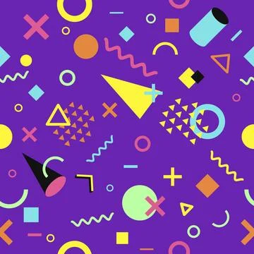 Vector seamless pattern with multicolor geometric shapes on dark background. 스톡 일러스트