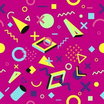 Vector seamless pattern with multicolor geometric shapes on dark background. 스톡 일러스트