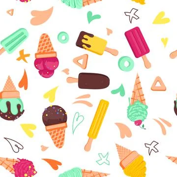 Vector seamless pattern with multicolor ice cream on white background. Frozen Illustrazione stock