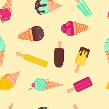 Vector seamless pattern with multicolor ice cream on white background. Frozen Illustrazione stock
