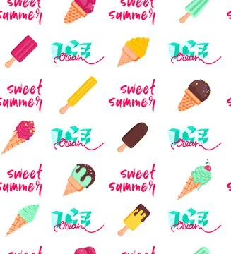 Vector seamless pattern with multicolor ice cream on white background. Frozen Illustrazione stock