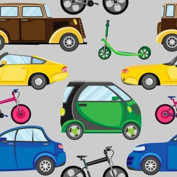 Vector seamless pattern of multicolored different cars, bicycles and scooters. Illustrazione stock
