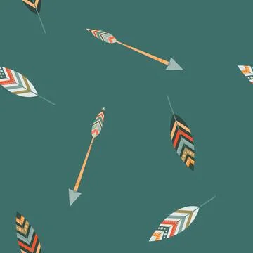 Vector seamless pattern of multicolored feathers and arrows in Indian style Illustrazione stock