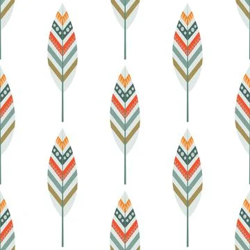 Vector seamless pattern of multicolored feathers on a white background, India Stock Illustration