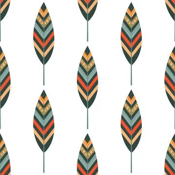 Vector seamless pattern of multicolored feathers on a white background, India Stock Illustration