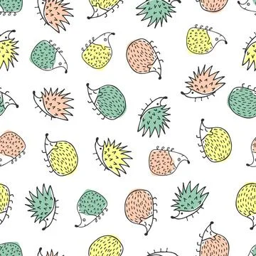 Vector seamless pattern with multicolored hedgehogs on white background. Hand Stock Illustration