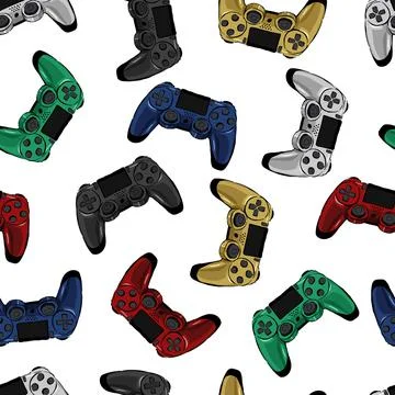 Vector seamless pattern Multicolored joysticks for game console and video games Stock-Illustration