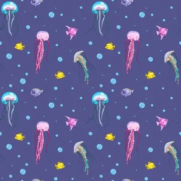 Vector seamless pattern of multicolored tropical fish, jellyfish and bubbles Stock Illustration
