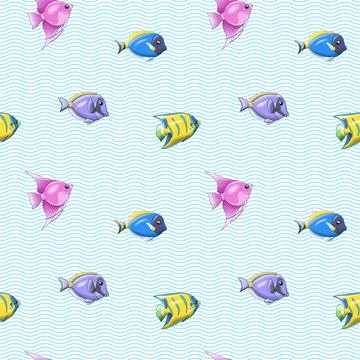 Vector seamless pattern of multicolored tropical fishes and waves Illustrazione stock