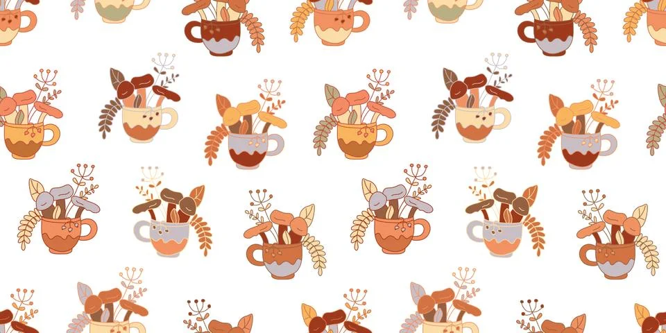 Vector seamless pattern with mushroom and herbs in cute mugs. Stock Illustration