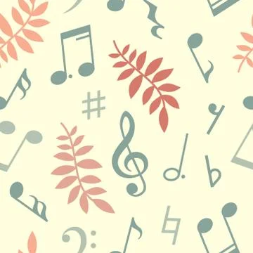 Vector seamless pattern of music notes and leaves Stock Illustration