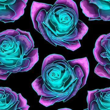 Vector seamless pattern with mysterious neon glowing roses background Stock Illustration