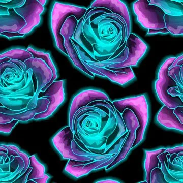 Vector seamless pattern with mysterious neon glowing roses background Stock Illustration